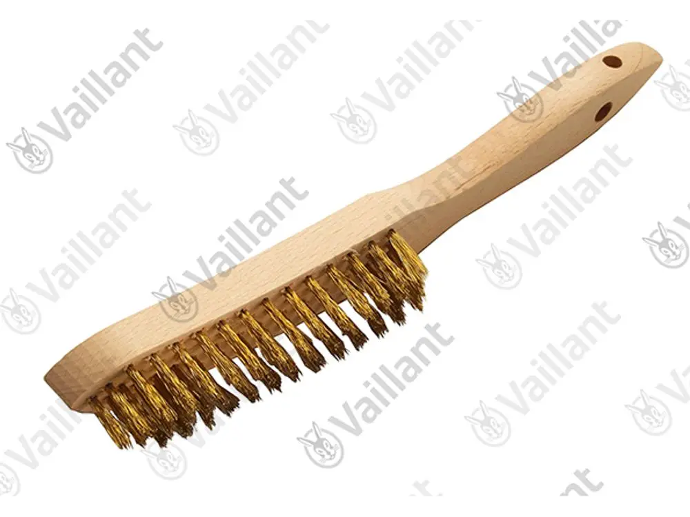 Drahtbürste mit Messingborsten und Holzgriff, geeignet für verschiedene Reinigungsanwendungen, mit dem Logo der Marke Vaillant.